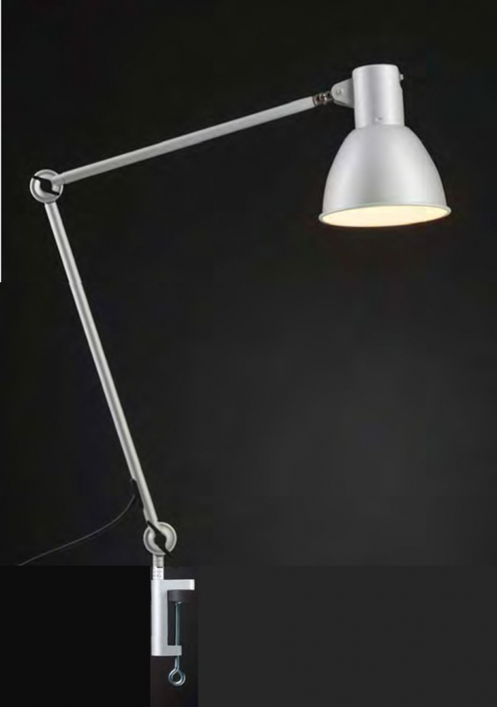 Lampe de travail (work lamp) 110 cm abat-jour argentée, protégé avec pince de table