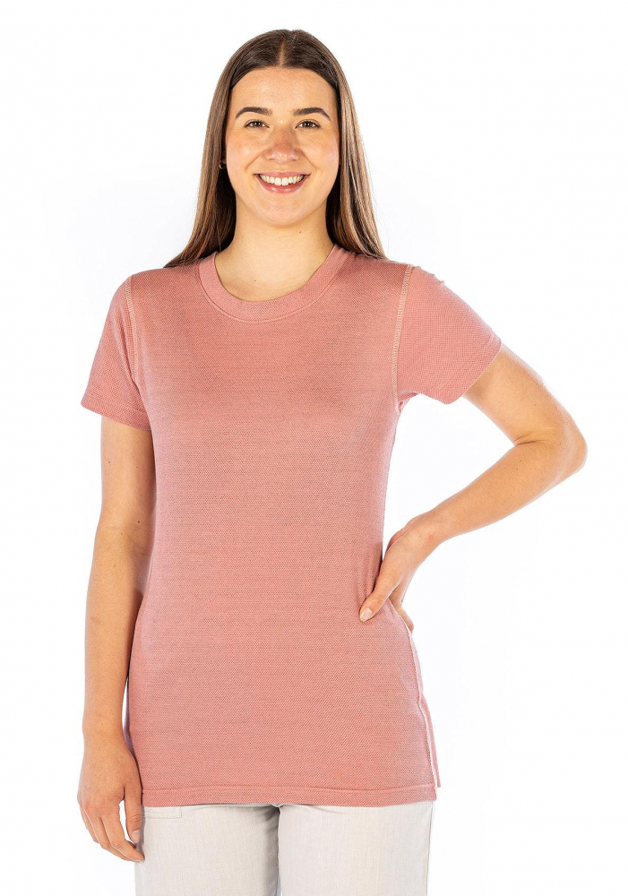 T-shirt da donna in cotone organico rosa antico in maglia d'argento 29dB a 1GHz